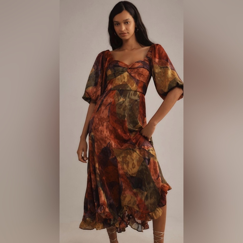 Hutch Printed Twist-Front Puff-Sleeve Ruffle-Hem Dress Size XS NWT